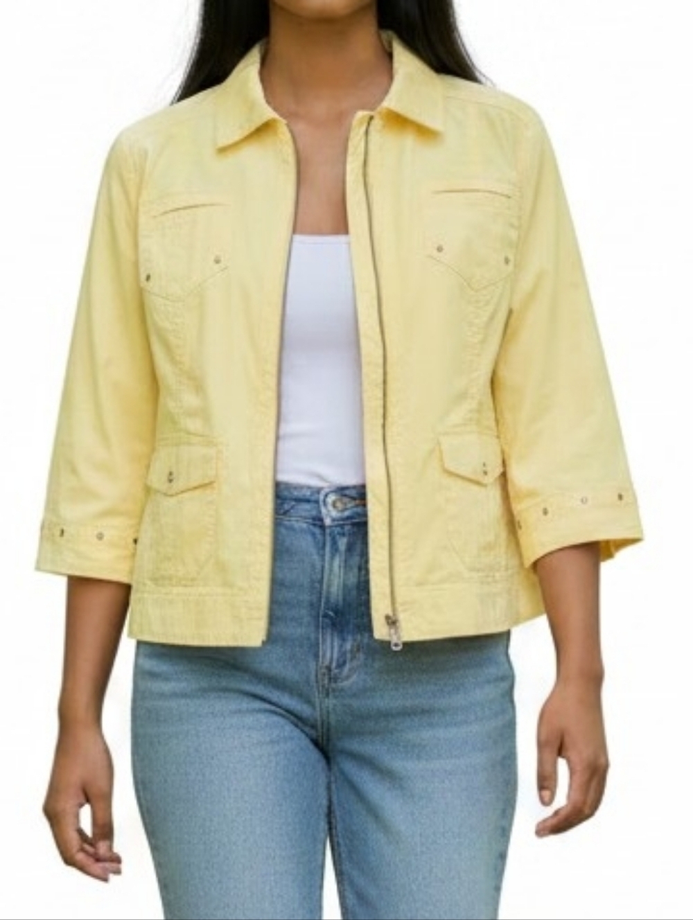 Chicos Lightweight Jacket Size 2 L 12 Light Yellow 4 Pockets 3/4 Sleeve Full Zip